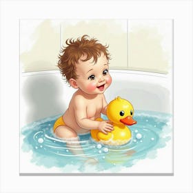 Baby Playing With A Toy Duck In A Bathtub With Watercolor Bubbles Canvas Print