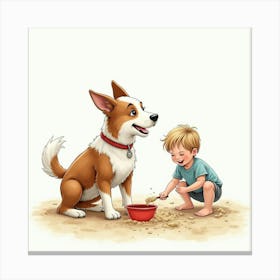 Joyful Australian Cattle Dog And Child Playing In The Sand, Watercolor 1 Canvas Print