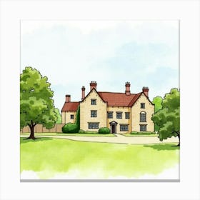 Watercolor Scene Of The Nunnington Hall In North Yorkshire, Featuring Its Historic Design And Tranquil Grounds Canvas Print