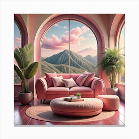 Modern Living Room With Pink Sofa And Panoramic Mountain View Canvas Print