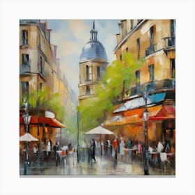 Paris Cafes.Paris city, pedestrians, cafes, oil paints, spring colors. 3 Canvas Print