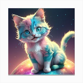 Gradient Pink and blue and green baby british cat happy and smiling,full body,sharp focus,looks funny,glowing, glitter,shine, sitting in the big fire sphere,very cute,8k,hd,Futuristic,CFG Canvas Print