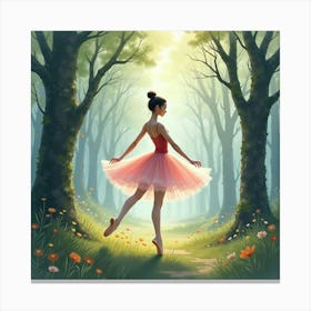 Graceful Ballerina In A Watercolor Misty Forest 1 Canvas Print