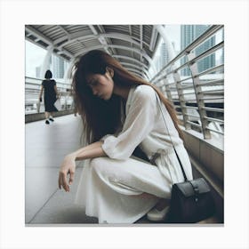 Asian Woman Sitting On The Ground Canvas Print