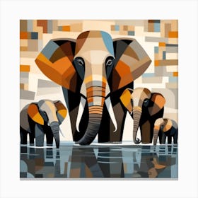 A Cubist Depiction Of A Family Of Elephants Gathered At A Watering Hole With Their Massive Bodies Canvas Print