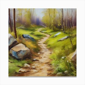 Path In The Woods.A dirt footpath in the forest. Spring season. Wild grasses on both ends of the path. Scattered rocks. Oil colors.31 Canvas Print