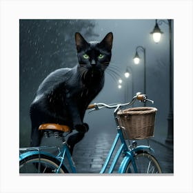 A Cat Riding A Blue Bicycle In The Rain 3 Canvas Print