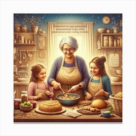 A Seasoned Food Content Creator Shares Her Kitchen Secrets with Her Daughter and Grandchildren Canvas Print