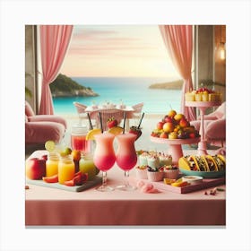 Pink Table With Drinks At The Beach Canvas Print