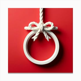 3D illustration of a minimal white frame hanging from a rope with a bow knot against a red background Canvas Print