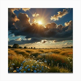 A Beautiful Tan And Blue Heavenly Clouded Sky With The Sun Peeking Behind Glowing Onto A Field Of Wildflowers (1) Canvas Print