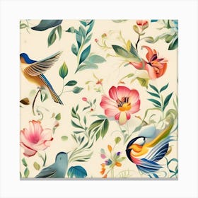 Abstract Magnificent Birds With Flowers -Color Illustration On White Background Canvas Print