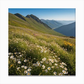 A Lush Green Mountain Filled With Blooming Wildflowers Basks In Warm Sunlight Under A Clear Blue Sky, Its Natural Beauty Portrayed Serenely 2 Canvas Print