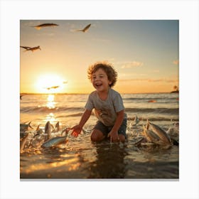 Little Boy Playing With Fish At Sunset 1 Canvas Print