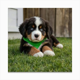 Bernese Mountain Dog puppy with brown eyes, wearing a bright green bandana with white designs. The image should capture Lemmy in an adorable, eye-catching pose that embodies the playful and loving nature of a puppy. The image should be in the vivid and detailed 3d animation. Set the background to a front porch, in the background you can see 3 pairs of girls shoes, 2 toddler size and one teenagers making it colorful and engaging. 1 Canvas Print