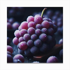 A close-up photograph of a bunch of ripe purple grapes, glistening with water droplets, against a dark background, with a shallow depth of field, and a painterly quality. Canvas Print