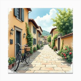 Antique Bicycle On A Quaint Village Street Watercolor 1 Canvas Print