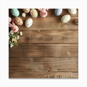 Easter Themed Wooden Table From Above Featuring Eggs Canvas Print