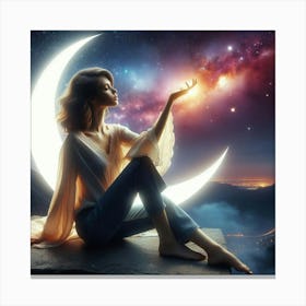 Beautiful Woman Sitting On The Moon Canvas Print