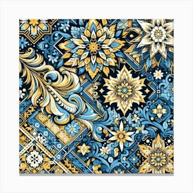 Batik, Blue And Yellow Floral Pattern 2 Canvas Print