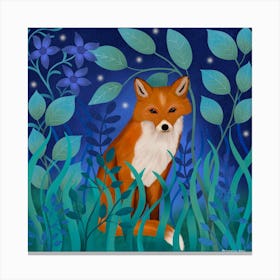 Fox In Starlit Meadow Square Canvas Print
