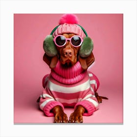 A Vizsla dog wearing a pink and white striped turtleneck sweater, a pair of sunglasses, and pink headphones with green earmuffs, while sitting in front of a pink background Canvas Print