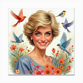 Smiling Princess Diana With Watercolor Birds In A Colorful Backdrop 1 Canvas Print