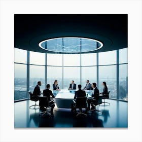 Business Team In Mid Strategizing Session Seated Around A Sleek Oval Glass Table Reflecting Ambien (4) Canvas Print