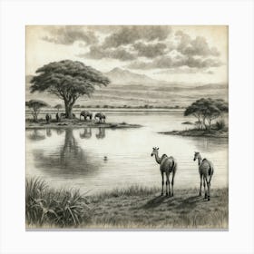 Two Elephants By A Lake Canvas Print