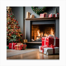 Christmas Presents In Front Of Fireplace 12 Canvas Print