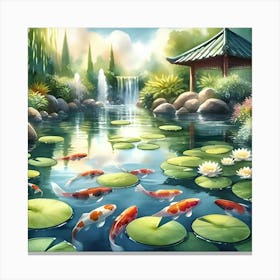 Serene Koi Fish Pond With Lily Pads, Watercolor Painting 3 Canvas Print