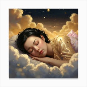 A photorealistic portrayal of a woman with shiny black bobbed hair, asleep on shimmering golden clouds. The sky around her is dotted with stars, each shaped like a Hello Kitty cat, casting a soft glow. Created Using: high-resolution detail, magical night sky, gold-tinted clouds, playful star designs, tranquil mood, soft glow effects, enchanted setting, clear focus --ar 16:9 --v 6.0 3 Canvas Print