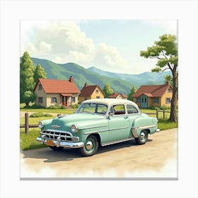 Retro Vehicle With A Quaint Village Backdrop, Watercolor Painting 1 Canvas Print