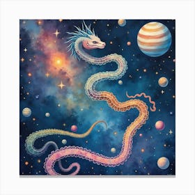 Watercolor Cosmic Serpents Weaving Through The Stars, Planets, And Galaxies 1 Canvas Print