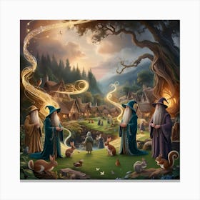 An Enchanting Fantasy Digital Painting Depicting An Elven Village With Woodland Creatures, Wizards, And Magic Visual Effects Portrayed In Jrr Tolkien Style 3 Canvas Print