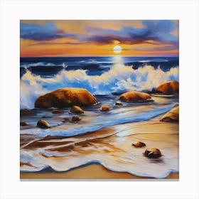 The sea. Beach waves. Beach sand and rocks. Sunset over the sea. Oil on canvas artwork.14 Canvas Print