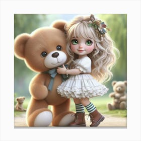 Cute Little Girl Hugging Teddy Bear Canvas Print