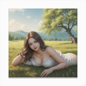 Girl Laying On The Grass Near A Tree Canvas Print