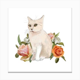 White Cat With Heirloom Flowers Square Canvas Print