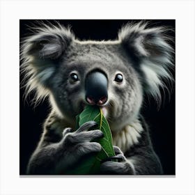 Cute Koala chewing on leaf portrait isolated on black background 3 Canvas Print