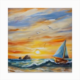 Oil painting design on canvas. Sandy beach rocks. Waves. Sailboat. Seagulls. The sun before sunset.11 Canvas Print