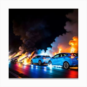 Blue Cars In Flames Canvas Print