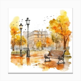 Watercolor Autumn Park Bench Canvas Print