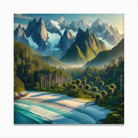 A Stunning Natural Landscape Showcasing A Combination Of Majestic Mountains, Serene Beaches, And Lush Forests Canvas Print