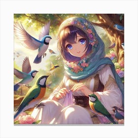 Anime Girl With Birds Canvas Print