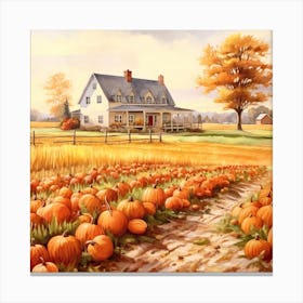 A Pumpkin Patch And Farmhouse In Watercolour Canvas Print