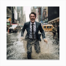 Businessman Running Through Puddle Canvas Print