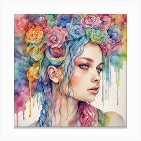 Watercolor Of A Girl With Flowers Canvas Print