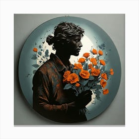 Boho art silhouette of a man with a bouquet of flowers Canvas Print