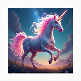 A Mystical Unicorn With A Mane Of Glowing, Rainbow Colored Light Galloping Through A Fantasy Landscape Canvas Print